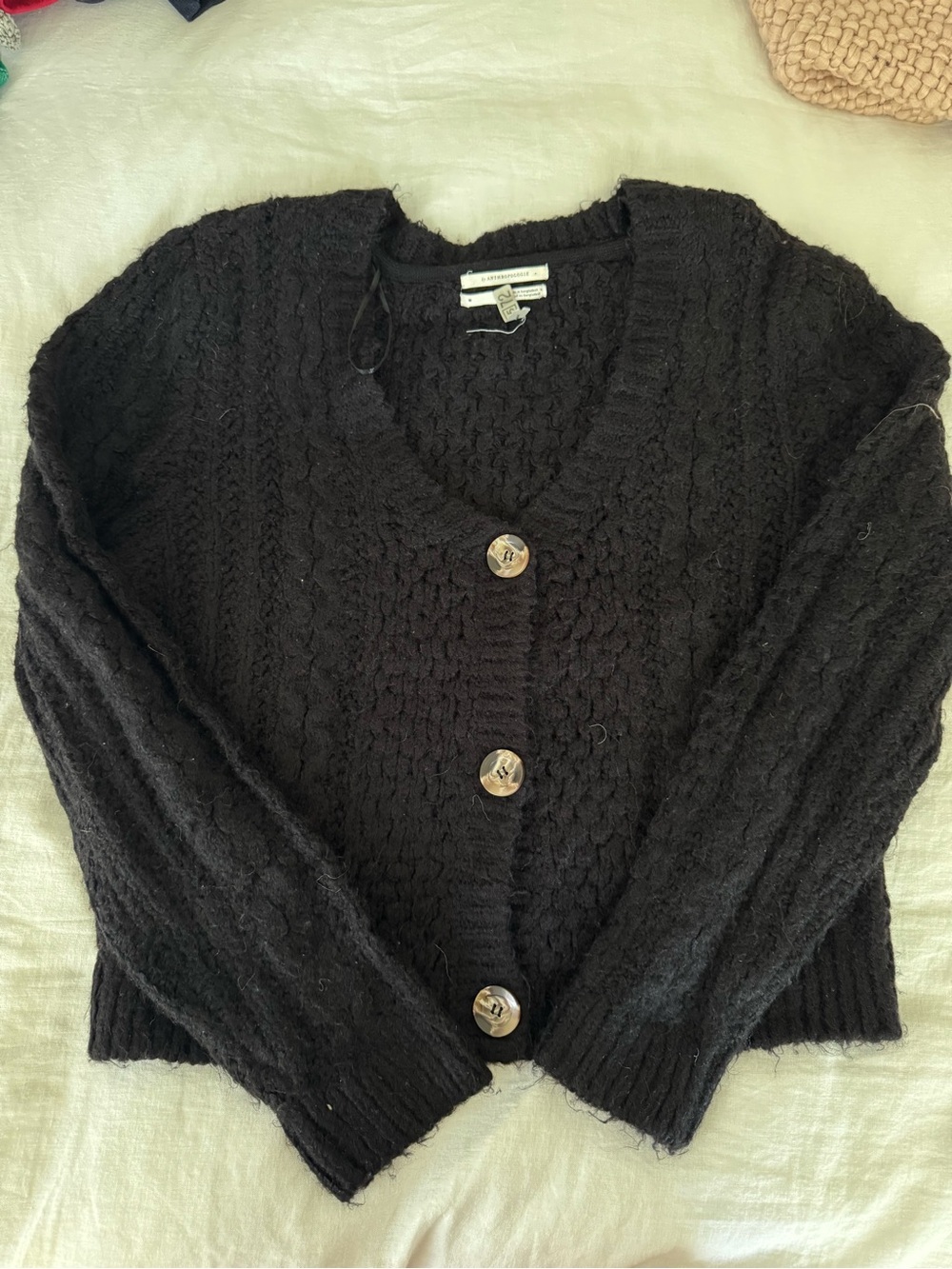 Anthropologie Black Cropped Cable-Knit Button Cardigan